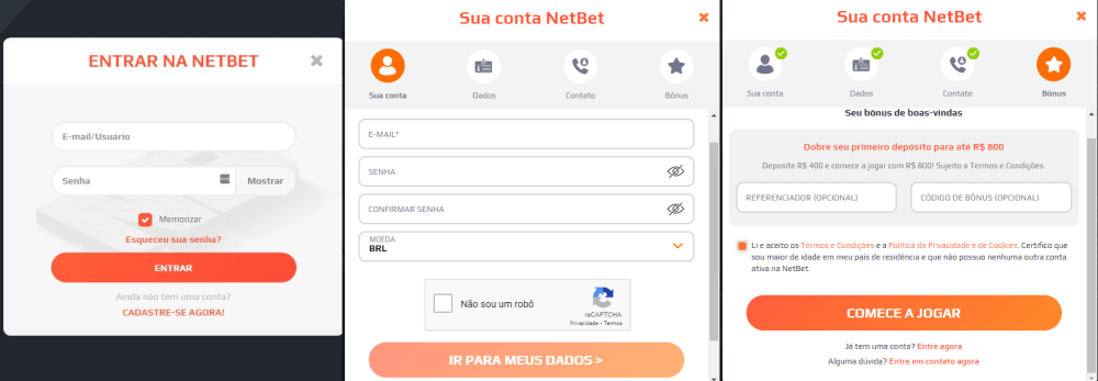 Etapas de registro na Netbet