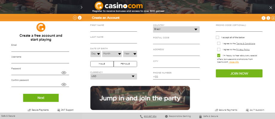 Etapas de registro na Casino.com